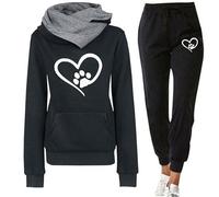 Survetement Set Dog Mom pour Femme Paw de Chien Cœur d'amour Imprimé 3D Sweat à Capuche et Pantalons de Jogging Amusant Automne Hiver Ensemble 2 Pièces