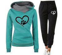 Survetement Set Dog Mom pour Femme Paw de Chien Cœur d'amour Imprimé 3D Sweat à Capuche et Pantalons de Jogging Amusant Automne Hiver Ensemble 2 Pièces