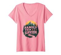 Survivant d'un Voyage en Famille : Route de Montagne aventureuse T-Shirt avec Col en V, Femme, Rose, S