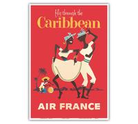 Survol des Cara bes - France - Danseurs de calypso et batteur de conga - Affiche de voyage vintage vers 1958 - Tirage d'art (sans cadre) 33 x 48