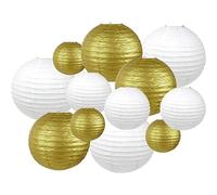 Surwin 12pcs Lanternes Papier Chinois, Lanternes en Papier à Suspendues, Boule Ronde Abat-Jour, Lanterne Decorative pour Intérieurs Extérieurs Mariages Fêtes et Événements (Blanc/Or)
