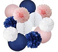 Surwin 15pcs Lanternes Papier Chinois, Lanternes en Papier à Suspendues, Boule Ronde Abat-Jour, Lanterne Decorative pour Intérieurs Extérieurs Mariages Événements et Fêtes (Bleu/Rose/Blanc)