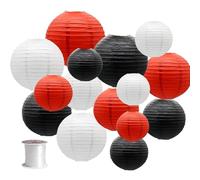 Surwin 15pcs Lanternes Papier Chinois, Lanternes en Papier à Suspendues, Boule Ronde Abat-Jour, Lanterne Decorative pour Intérieurs Extérieurs Mariages Fêtes et Événements (Noir/Blanc/Rouge)