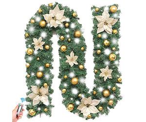 Surwin 2,7m Guirlande de Sapin Artificiel,Décoration de Noël Lumineuse Exterieur Intérieur LED a Pile 8 Modes à Distance Décor de Noël pour Cheminée Escalier Fenêtre Porte (d'or,Blanc)