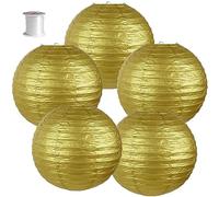 Surwin 5pcs Lanternes Papier Chinois, Lanternes en Papier à Suspendues, Boule Ronde Abat-Jour, Lanterne Decorative pour Intérieurs Extérieurs Mariages Fêtes et Événements (Or,12 Pouces)
