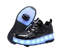 Surwin Chaussures avec roulettes Fille Garçon, Chaussures Skateboard Enfant avec Roues Arrière Rétractables, Basket à roulettes Boucle en Nylon Respirant Sneakers Roller (Noir F,35)