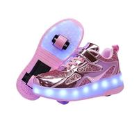 Surwin Chaussures avec roulettes Fille Garçon, Chaussures Skateboard Enfant avec Roues Arrière Rétractables, Basket à roulettes Boucle en Nylon Respirant Sneakers Roller (Rose F,38)