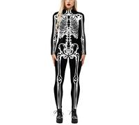 Surwin Costume Halloween Femme Combinaison à imprimé Squelette Humain 3D Bodysuit Manches Longues avec Fermeture Eclair pour Déguisement Cosplay Carnaval