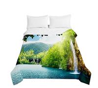 Surwin Couvre Lit Matelassé pour 1/2 Personnes,Impression Paysage 3D Dessus de Lit Réversible Couverture de Lit Doux Microfiber Jeté de Lit Couvre-lit Printemps Été (Cascade de l'île,180x220cm)