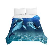 Surwin Couvre Lit Matelassé pour 1/2 Personnes, Réversible Imprimé Animal Dauphin 3D Dessus de Lit Couverture de Lit Doux Microfiber Jeté de Lit Couvre-lit Printemps Été (Famille Dauphins,200x230cm)