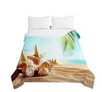 Surwin Couvre Lit Matelassé pour 1 ou 2 Personnes, Réversible Imprimé 3D Plage Dessus de Lit Couverture de lit Doux Microfiber Jeté de Lit Couvre-lit Printemps Été (Étoile de mer,180x220cm)