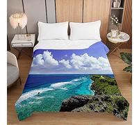 Surwin Couvre Lit Matelassé pour 1 ou 2 Personnes, Réversible Imprimé 3D Plage Paysage Dessus de Lit Couverture de Lit Doux Microfiber Jeté de Lit Couvre-lit Printemps Été (Littoral,150x200cm)