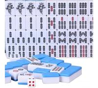 Surwin Jeu de Mahjong Portable, Mini Mahjong avec 144 Tuiles et 4 Dés, Jeu de Société Chinois Traditionnel pour Famille, Réunions, Fêtes d'amis (Bleu 01)