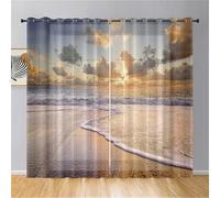 Surwin Lot de 2 Rideau Voilage, Imprimé Océan Rideau à Oeillets, Voiles Intérieurs Translucides, Rideaux Salon Moderne pour Décorer Salon, Chambre, Cuisine, Fenêtre (132x182cm,Plage)