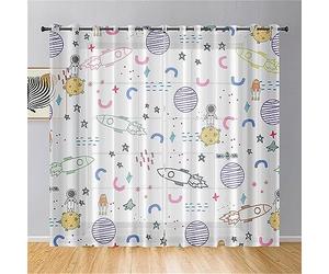 Surwin Lot de 2 Rideau Voilage, Planète de Dessin Animé Rideau à Oeillets, Voiles Intérieurs Translucides, Rideaux Salon Moderne pour Décorer Salon,Chambre,Cuisine,Fenêtre (140x244cm,Astronaute)