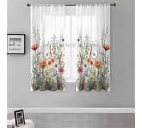 Surwin Lot de 2 Rideau Voilage, Rideaux Voilage, 3D Imprimés Floraux Végétaux Rideau à Oeillets, Transparent Rideaux Salon Moderne pour Décorer Salon, Chambre, Cuisine, Fenêtre (Pâquerettes,130x241cm)