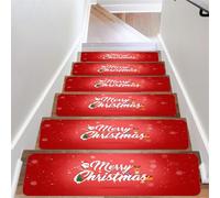 Surwin Lot de 5 Tapis d'escalier Antidérapant avec Support en Caoutchouc, Patron « Joyeux Noël » Tapis Escalier pour Marches en Bois, Tapis de Marches d'escalier Intérieur (76x20cm,Rouge De Noël)