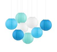Surwin Lot de 8 Lanternes Papier Ensemble Lanterne en Papier Bleu Vert Blanc Suspensions Ronde Abat-Jour pour Décoration de Anniversaire, Diplôme, Fête Prénatale, Mariage (20cm)