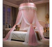 Surwin Moustiquaire de Lit avec Dentelle, Universelle Grand Couche Double Moustiquaire pour Lit Moustiquaire de lit en Forme de dôme Moustiquaire Lit pour Lit Simple Double King Size (Rose Blanc)