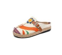 Surwin Mules et Sabots Femme, Chaussons Femme Été Pantoufles Sabot Antidérapant Sandales Chaussures Brodées de Style Ethnique de Tous Les Jours pour Intérieur Extérieur (Beige de Style Chinois,39)