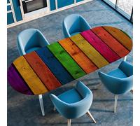Surwin Nappe Ovale avec Bord Élastique, Nappe de Table Ovale Protection Anti-Taches Couverture de Table Extensible pour Cuisine Jardin Exterieur Intérieur -3D Grain de Bois (Arc-en-Ciel,122x173cm)