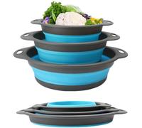 Surwin Passoire Pliable, 3 Pcs Silicone Passoire Cuisine,Compacte Passoire Cuisine Pliable, Passoire Retractable Passoire Pates, Grande Petite Portable Panier de Fruits (Bleu)