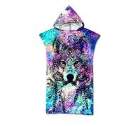 Surwin Poncho de Bain avec Capuche pour Femmes Hommes, Imprimé Microfibre Serviette de Poncho Poncho de Surf Plage à Capuche Serviette à Changement Peignoir de Piscine (Étoile - Loup,75x110cm)