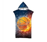 Surwin Poncho de Bain avec Capuche pour Femmes Hommes, Imprimé Microfibre Serviette de Poncho Poncho de Surf Plage à Capuche Serviette à Changement Peignoir de Piscine (Feu De Basket,75x110cm)