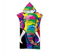 Surwin Poncho de Bain avec Capuche pour Hommes Femmes, Animal Imprimé Microfibre Serviette de Poncho Poncho de Surf Plage à Capuche Serviette à Changement Peignoir (Éléphant Coloré,75x110cm)