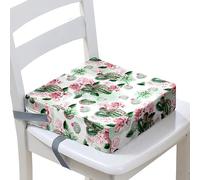 Surwin Rehausseur de Chaise Enfant, Coussin de Siège Portable avec Antidérapant Boucle de Sécurité Ajustable Eponge Confortable Coussins Adapté pour Repas -Plante Cactus (Blanc,32x32x8cm)