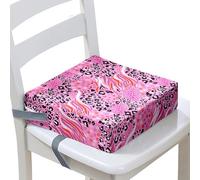 Surwin Rehausseur de Chaise Enfant, Coussin de Siège Portable avec Antidérapant Boucle de Sécurité Ajustable Eponge Confortable Coussins Adapté pour Repas -Imprimé Léopard (Rose,40x40x10cm)
