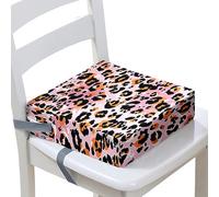 Surwin Rehausseur de Chaise Enfant, Coussin de Siège Portable avec Antidérapant Boucle de Sécurité Ajustable Eponge Confortable Coussins Adapté pour Repas -Imprimé Léopard (Orange,40x40x10cm)