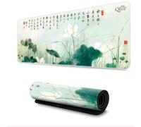 Surwin Tapis de Souris XXL,Style Ancien Chinois Tapis Souris Gaming Tapis de Souris de Jeu Mouse Mat Grand sous Main Bureau Épaisseur 3mm avec Base Antidérapante (300x800mm,Feuille de Lotus)