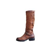 Susenstone 2022 Chaussure Femme Bottes Bloc Hauteur Genou Boucle Fermeture éclair Vintage PU Cuir Bottines Bottes Longues Chaudes D'hiver Chaussures De Fête Rétro Cowgirl Bottes De Cowboy