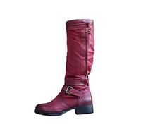 Susenstone 2022 Chaussure Femme Bottes Bloc Hauteur Genou Boucle Fermeture éclair Vintage PU Cuir Bottines Bottes Longues Chaudes D'hiver Chaussures De Fête Rétro Cowgirl Bottes De Cowboy