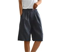 Susenstone Bermuda Femme Longueur Genou Jambe Large Confortable Coton Lin Élastiqué Taille Haute Stretch Dames Culottes Été Solide Short avec Poches Yoga Active Sports Shorts