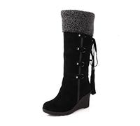 Susenstone Bottes à Talons Compensés Femmes Mi-mollet Casual Daim Large Mollet À Lacets Pompon Doublé De Fourrure Chaussures De Neige Bottes De Combat D'hiver Chaud Cowgirl Bottes Chaussures Western