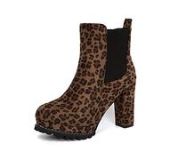 Susenstone Bottes Femmes Cuir Imprimé Léopard Dames Bottines Talon épais Fermeture éclair Bout Pointu Bottes de Neige Chaudes D'hiver pour Femmes Chaussures de Mariage