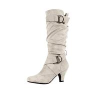 Susenstone Bottes Femmes En Cuir Daim Bottes Aux Genoux Coupe Large Avec Bloc Talon Cowgirl Bottes De Cowboy Moto Bottes De Combat Rétro Hiver Chaud Bottes De Neige