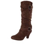 Susenstone Bottes Femmes En Cuir Daim Bottes Aux Genoux Coupe Large Avec Bloc Talon Cowgirl Bottes De Cowboy Moto Bottes De Combat Rétro Hiver Chaud Bottes De Neige