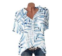 Susenstone Chemise Femme Coton Lin Chic et Élégant Casual Chemisier Confortable T-Shirt Baggy Tops Manche Courte Shirt Blouse Ample Col V Boutons T Shirt avec Poches Grande Taille Pas Cher