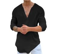 Susenstone Chemises en Lin Hommes Col en V Casual Manches Longue été Chemise de Plage Très Mince Décontractée Yoga Ample et Respirant Chemise boutonnée en Lin Coton Chemise T-Shirts Top Pas Cher
