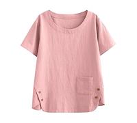 Susenstone Chemisier Coton Lin Femme T-Shirt Lâche Respirant Lin Coton Blouse Manches 3/4 Décontracté Tunique Pas Cher Mode Col Rond Couleur Unie Oversized Hauts Sexy Mode Chemise Tops Blanc