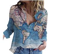 Susenstone Chemisier Femme Chic Sexy Coton Lin à Manche Longue Décontracté Blouse Ample Printemps Eté Tunique Carte du Monde Col V Casual Top Haut T-Shirt Lâche Respirant Fermeture Boutonnée Bleu