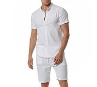 Susenstone Ensemble 2 Pieces Coton Lin Homme Chemise Boutonnée et Courte Survêtement Homme Ensemble Été Chemise et Short Pantalons pour Sports Jogging Décontractée Tenue Blanc XL