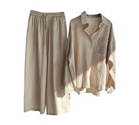 Susenstone Ensemble en Lin Femme 2 Pièces Survêtement Coton et Lin Ete Chic Elegant Chemise + Pantalon Large Décontracté Sport Jogging Respirant Plage Tops + Pantalon 2 Piece Suit Beige XXL
