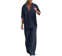Susenstone Ensemble Femme Et Coton et Lin Pantalon + Chemise Haut Manche Longue Ete Automne Fluide Ample 2 Pieces Costume Décontracté Loungewear Set Casual Outfit Survêtement Suit Bleu foncé XL