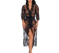 Susenstone Ensemble Lingerie Femme String Sexy Dentelle Robe Robe De Chambre Dentelle Transparente Chic Pyjama Kimono Nuisette (M, Noir)