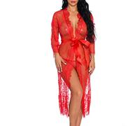 Susenstone Ensemble Lingerie Femme String Sexy Dentelle Robe Robe De Chambre Dentelle Transparente Chic Pyjama Kimono Nuisette (S, Rouge)