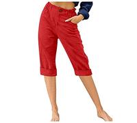 Susenstone Femme Pantalon Été Coton en Lin Sport Harem Pantalon Léger Taille Haute Capri de Solide Couleur Pantacourt Sport Pants 3/4 Longueur Pants Pantalon Femme Chic et Elegant, XL, Rouge
